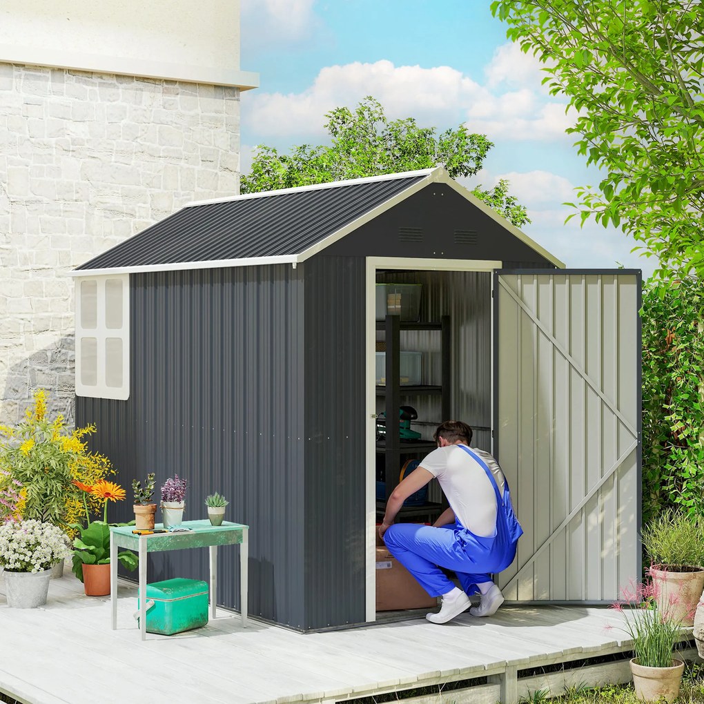 Outsunny Szopa Ogrodowa, Dom Narzędziowy z Metalu, Podwójne Drzwi, Okno, 259x172x222 cm, Szary/Biały