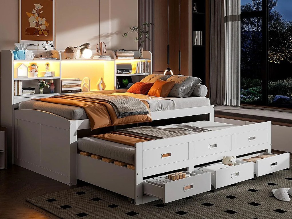 Kanapa rozkładana 90x200 cm - z oświetleniem LED - 3 szuflady - z USB + Type-C - biały (materac nie jest dołączony)