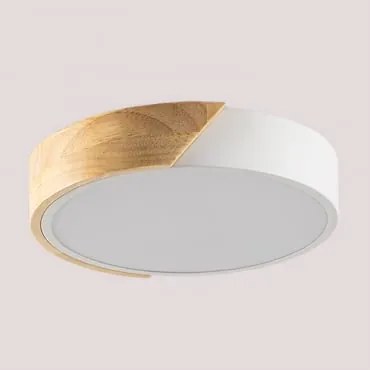 Plafon Sufitowy Led Okrągły Z Żelaza Jan Biały - Brąz Drewna & Ø23 Cm - Sklum