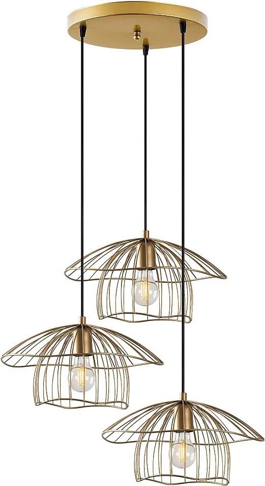 Druciana lampa wisząca ze złotego metalu - 3 abażury - wys. 110 x szer. 68 cm - LOREVI