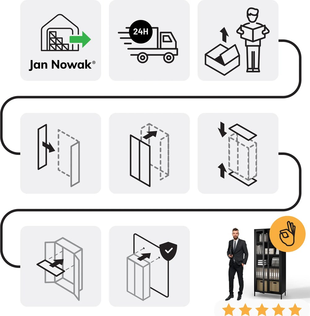 Witryna szklana do salonu metalowa czarna ANGELO Modern 800 x 1850 x 450 mm