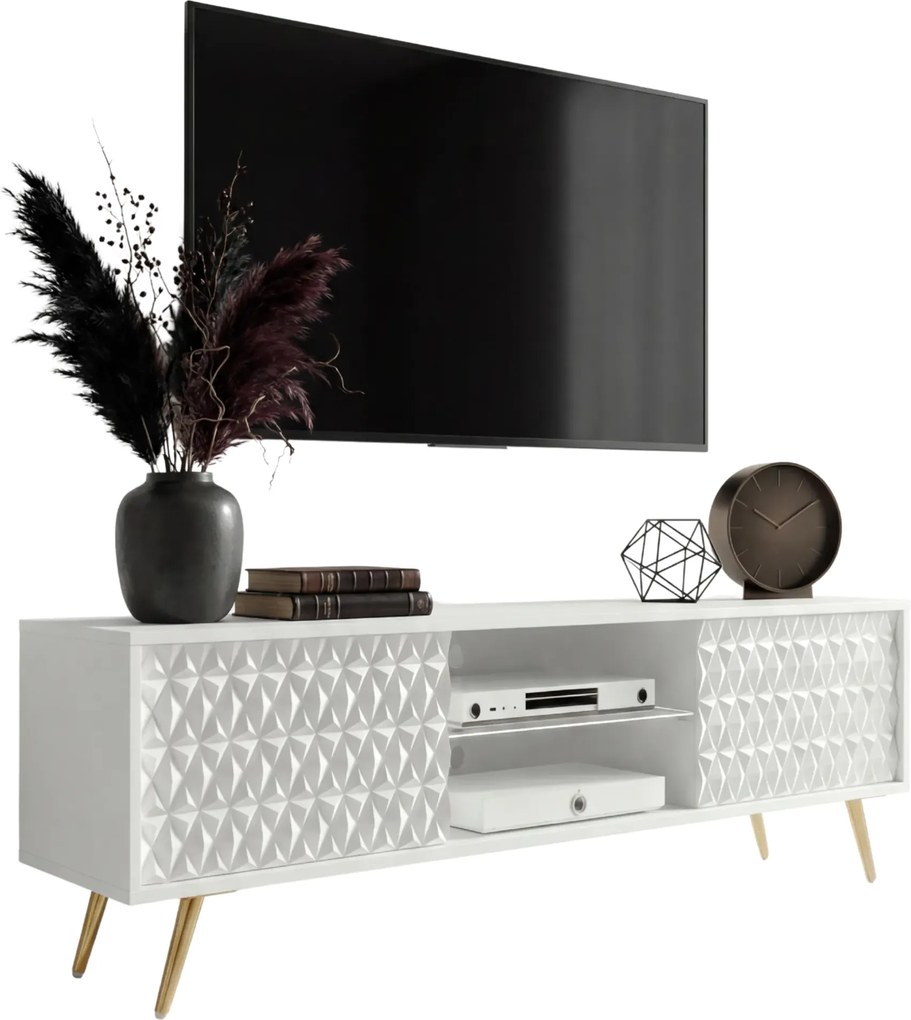 Biała ryflowana szafka RTV na złotych nóżkach 135 cm E7-F47