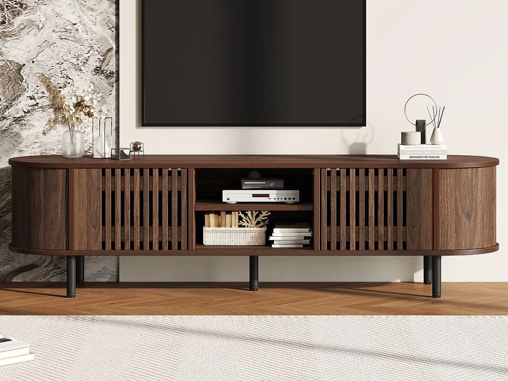 Meble TV 160x40x47 cm - z 2 drzwiami - Półotwarte przechowywanie - Wzór ażurowy - Nogi metalowe - MDF - Brązowy