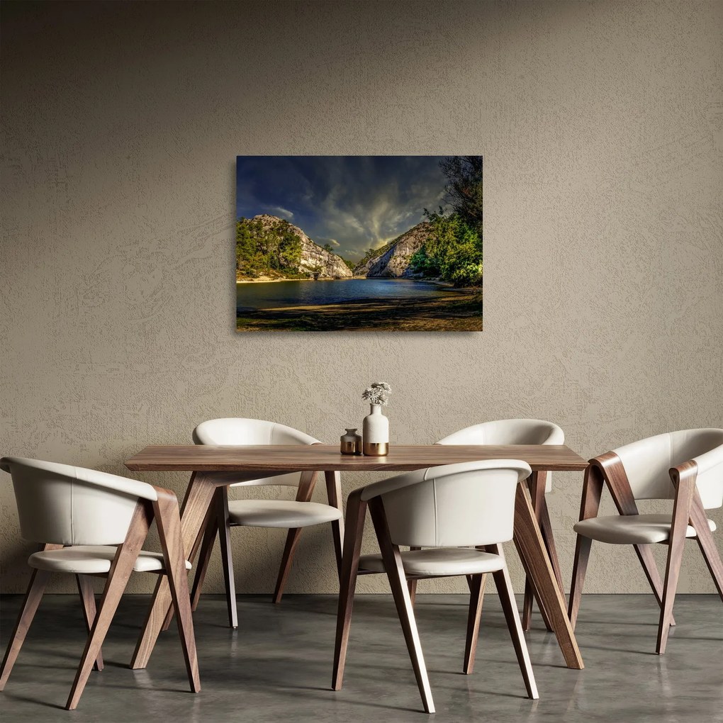 Obraz na szkle - krajobraz z jeziorem (70x50 cm)