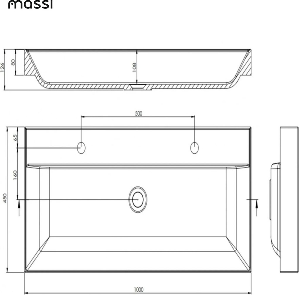 Umywalka z konglomeratu blatowa prostokątna biała NAVI | Różne rozmiary | Z otworem na baterię lub bez : Otwory na baterię - Dwa otwory, Rozmiar - 100 x 45 cm