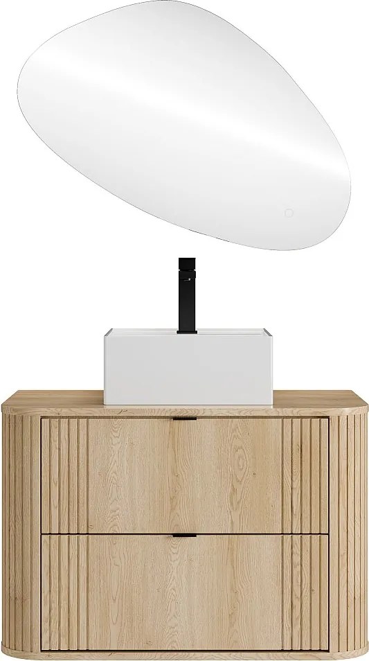 Szafka łazienkowa wisząca z kwadratową umywalką nablatową, baterią i lustrem - Jasny naturalny - 80 cm - FILOR