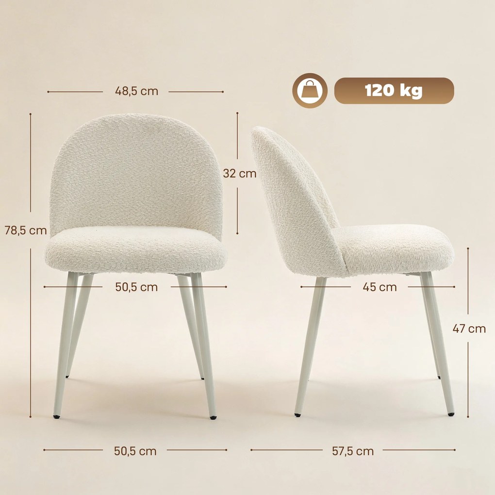HOMCOM Krzesła do jadalni, krzesła kuchenne, miękkie tapicerowane chenille, 50,5 x 57,5 x 78,5 cm, kremowobiały | Aosom PL