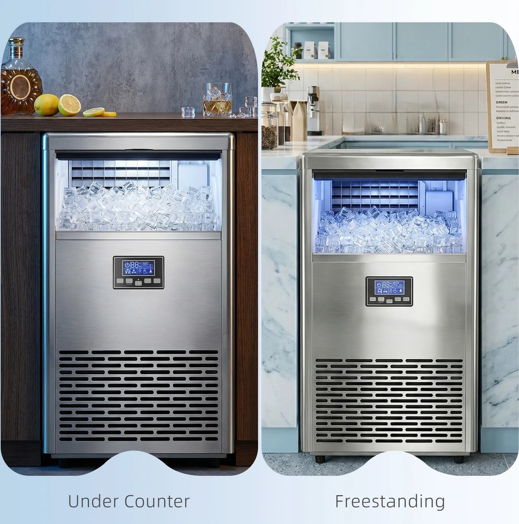 HOMCOM Komercyjna Maszyna do Lodu 45 kg/24H, Stal Nierdzewna, 15 kg Pojemności, Funkcja Samoczyszczenia, Srebrna | Aosom PL