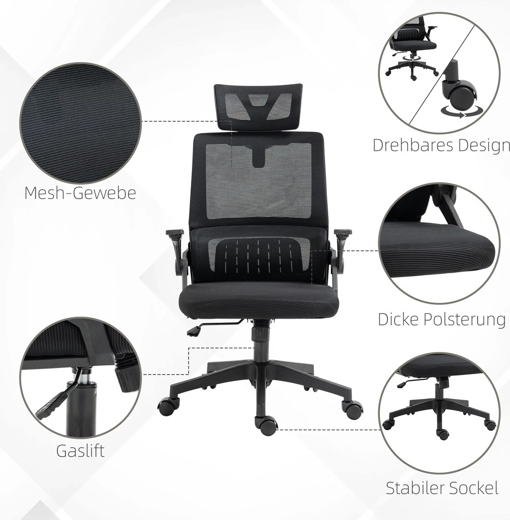 Vinsetto Fotel Biurowy Obrotowy Regulowany z Podparciem Głowy 58x61x119cm Czarny | Aosom PL