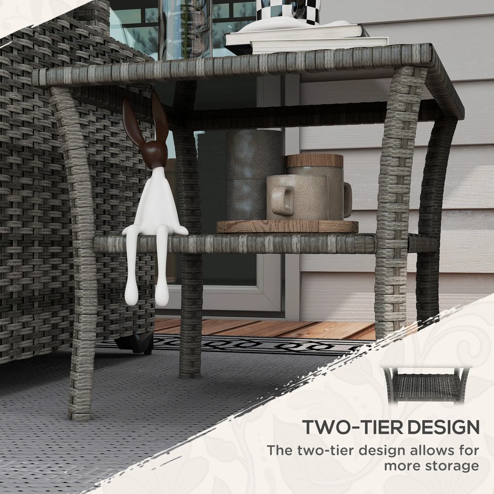 Outsunny Rattanowy stolik ogrodowy, 50 x 50 x 45 cm, odporność na warunki atmosferyczne, kwadratowy stolik z półką i szklaną płytą | Aosom PL