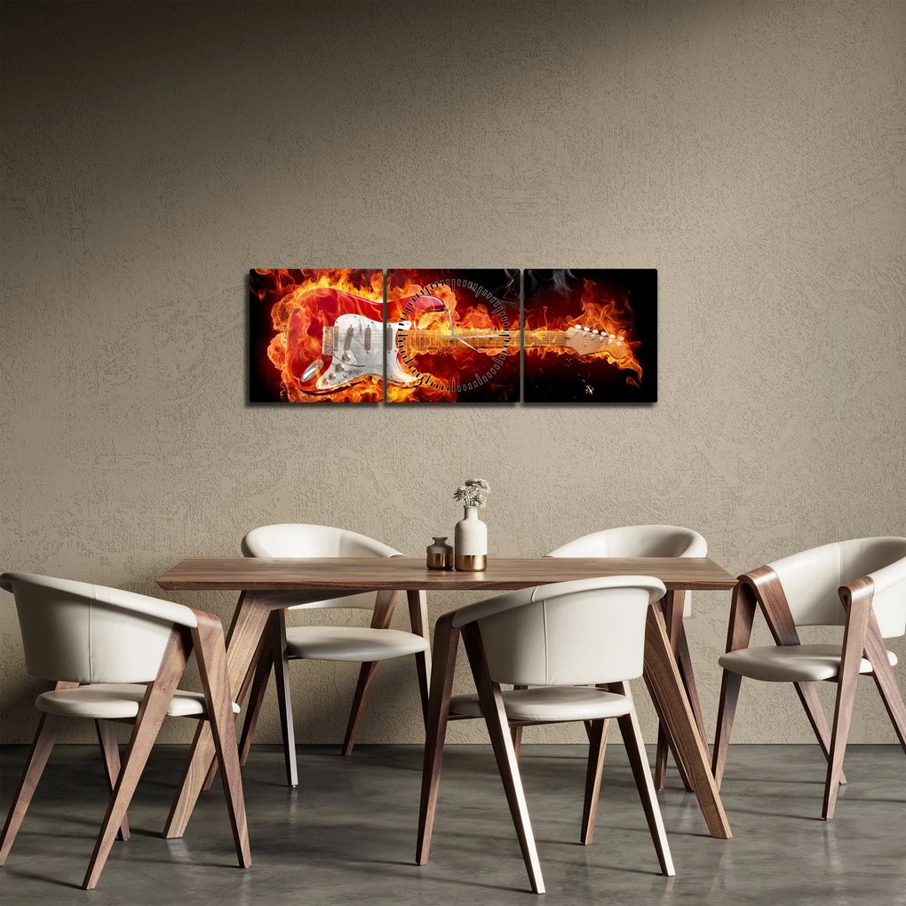 Obraz - Gitara w płomieniach (z zegarem) (90x30 cm)