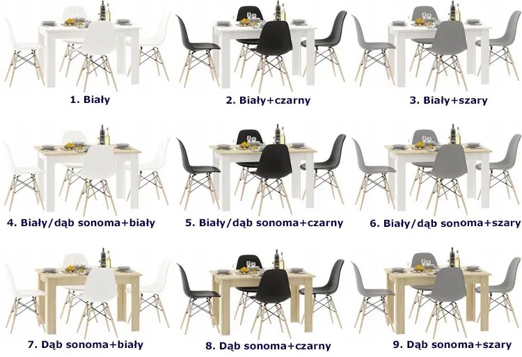 Biały minimalistyczny stół z 4 czarnymi krzesłami - Negro