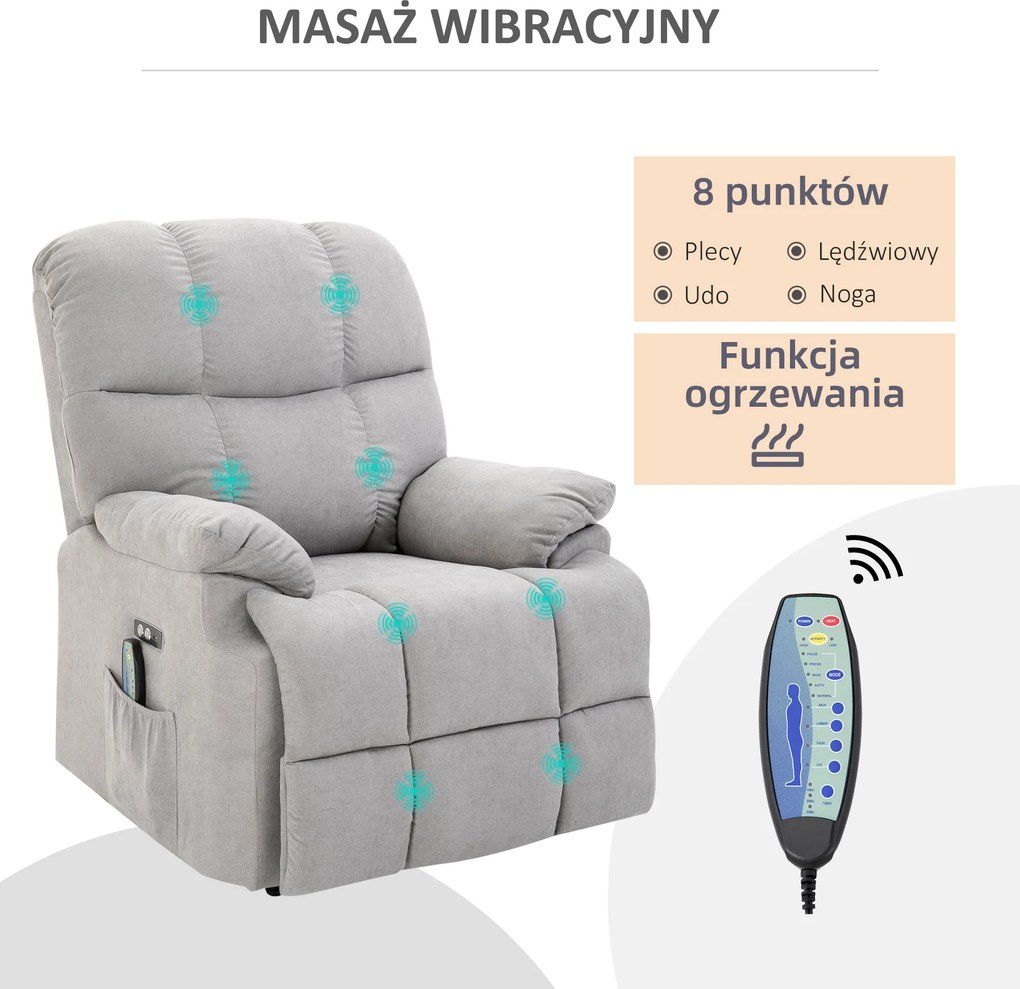 HOMCOM Fotel do masażu z funkcją wstawania i ogrzewania regulowany kąt nachylenia z pilotem szary pluszowy | Aosom PL