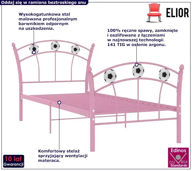 Różowe metalowe łóżko dla dziewczynki z motywem piłki 90x200 cm - Dizzel