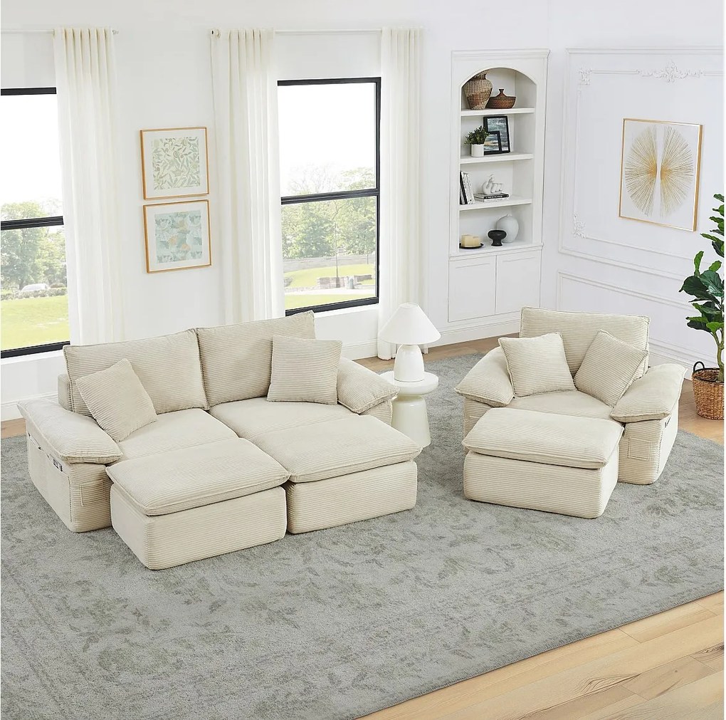 3-osobowa sofa modułowa z podnóżkiem i kieszeniami do przechowywania, z tkaniny, beżowa