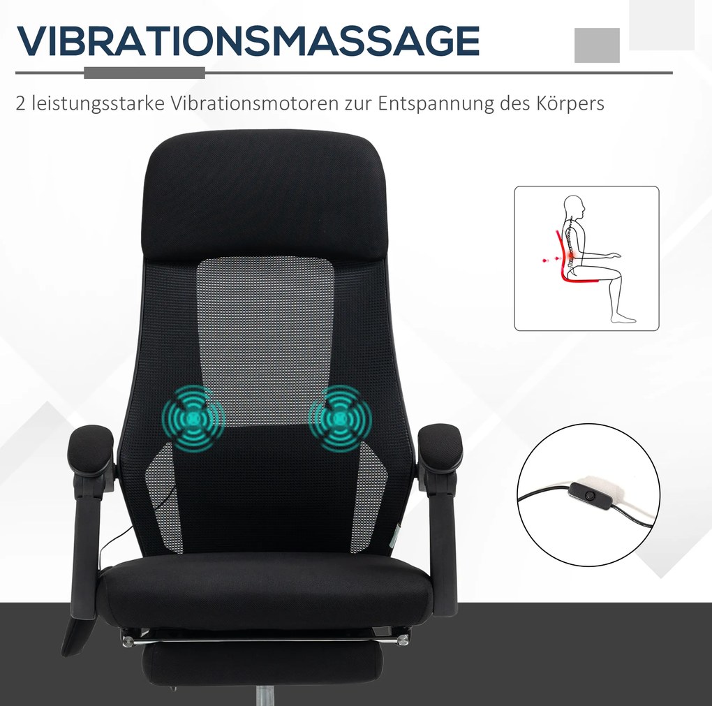Vinsetto Fotel z masażerem i Ogrzewania Biurowy Krzesło obrotowe z regulacją wysokości Z podnóżkiem Czarny | Aosom PL