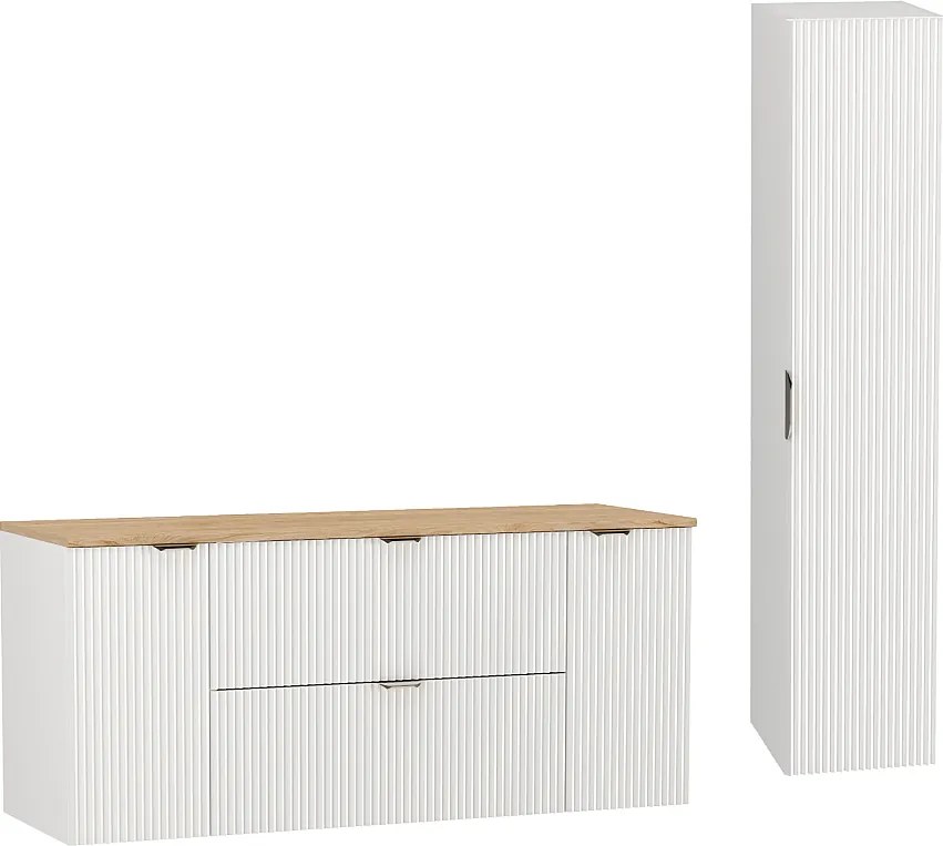 Biały Zestaw do Łazienki 140cm Szafka Blat Orzech Słupek Ryflowane Fronty