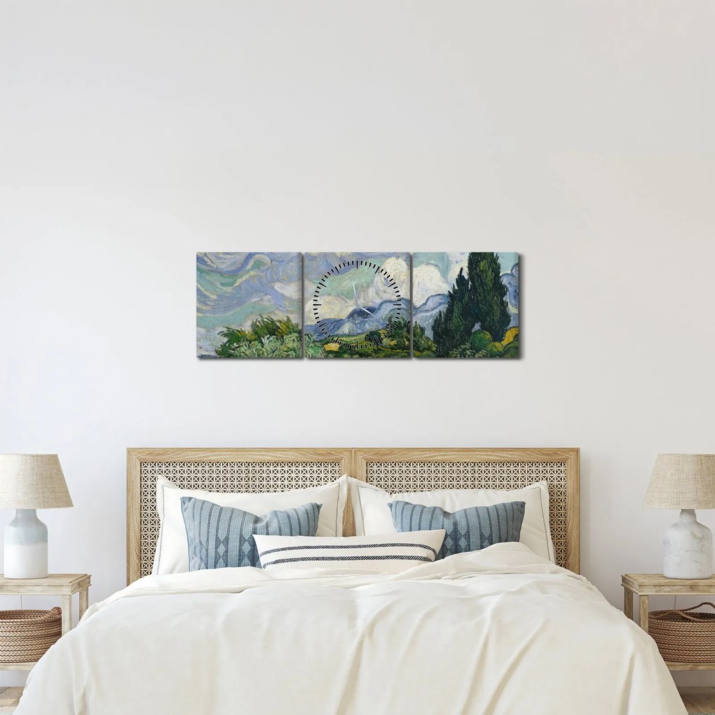 Obraz - Vincent van Gogh, Wheat Field with Cypresses, reprodukcje (z zegarem) (90x30 cm)