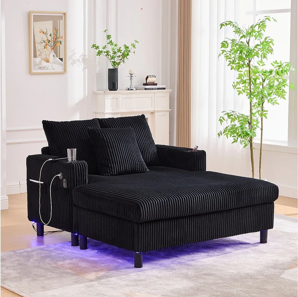 Sofa lounge z czarnego pluszu z portem USB, oświetleniem LED i uchwytami na kubki