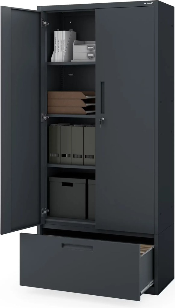 Szafa modułowa metalowa wielofunkcyjna z szufladą wysoką antracytowa MEGAN 1950 x 900 x 400 mm