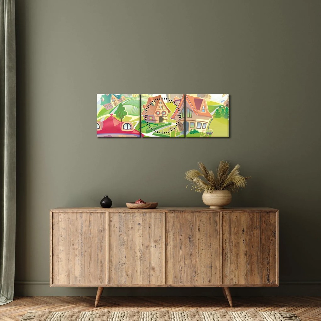 Obraz - Kolorowe miasteczko (z zegarem) (90x30 cm)