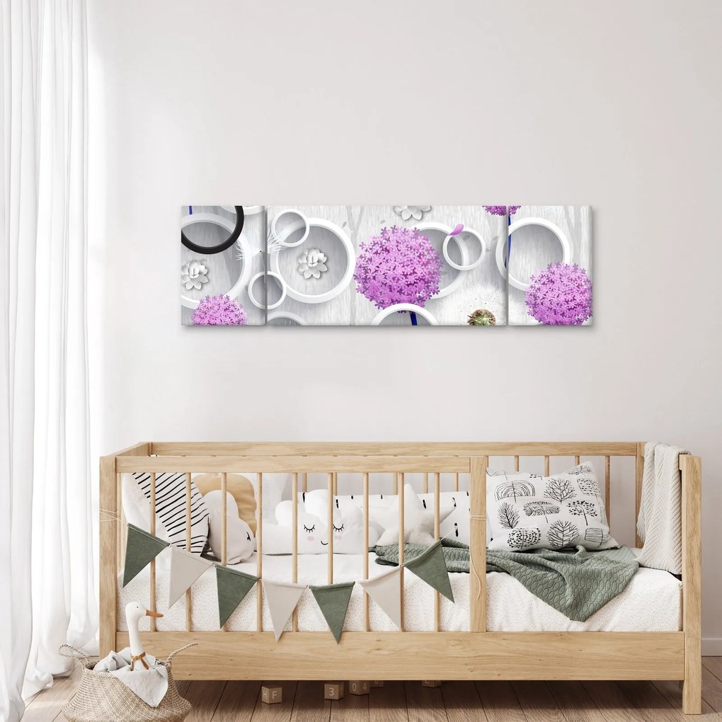 Obraz abstrakcji 3D z kołami i kwiatami (170x50 cm)