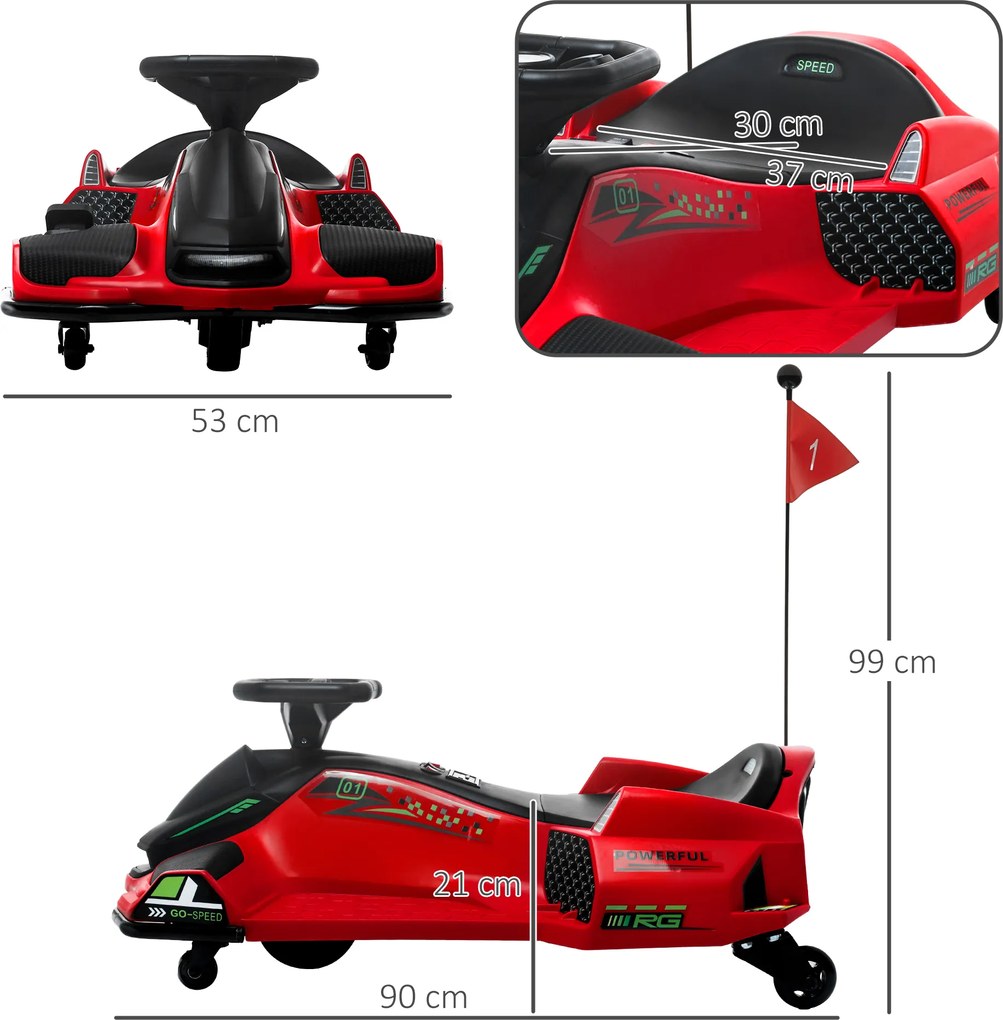 HOMCOM Elektryczny Gokart dla Dzieci z Oponami z Sztucznej Skóry, 3-8 km/h, z Funkcją Świateł i Muzyki, Czerwony