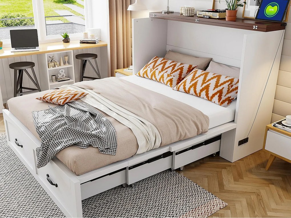 Łóżko składane 140 x 200 cm - Rozkładana rama łóżka - Z gniazdkiem elektrycznym - Konstrukcja metalowa - Biały (materac nie jest dołączony)