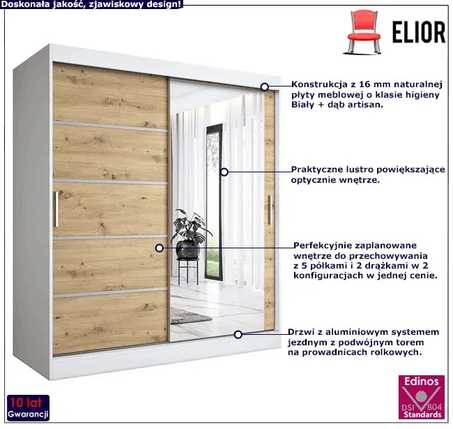 Szafa przesuwna 180 cm biel + dąb artisan - Marmos 5X