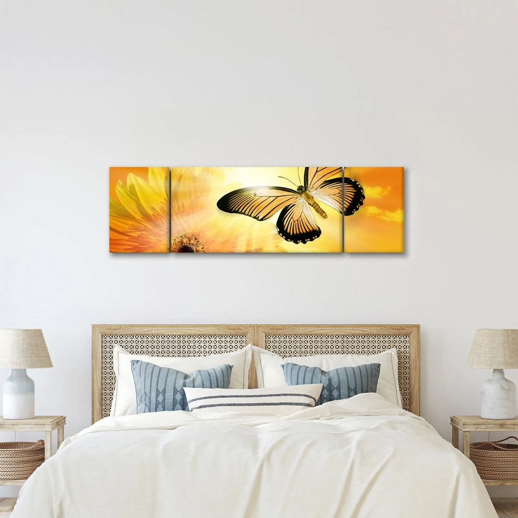 Obraz - Żółty motyl z kwiatkiem (170x50 cm)