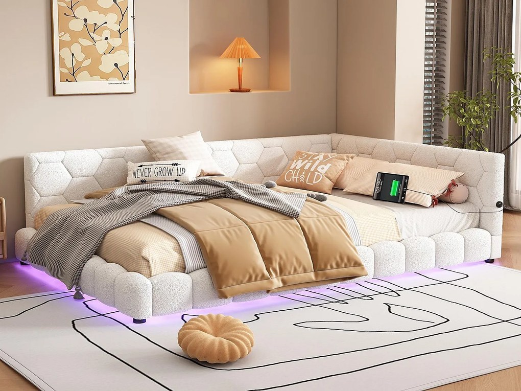 Łóżko banquette 140x200cm z weluru - z LED i portem USB - Białe