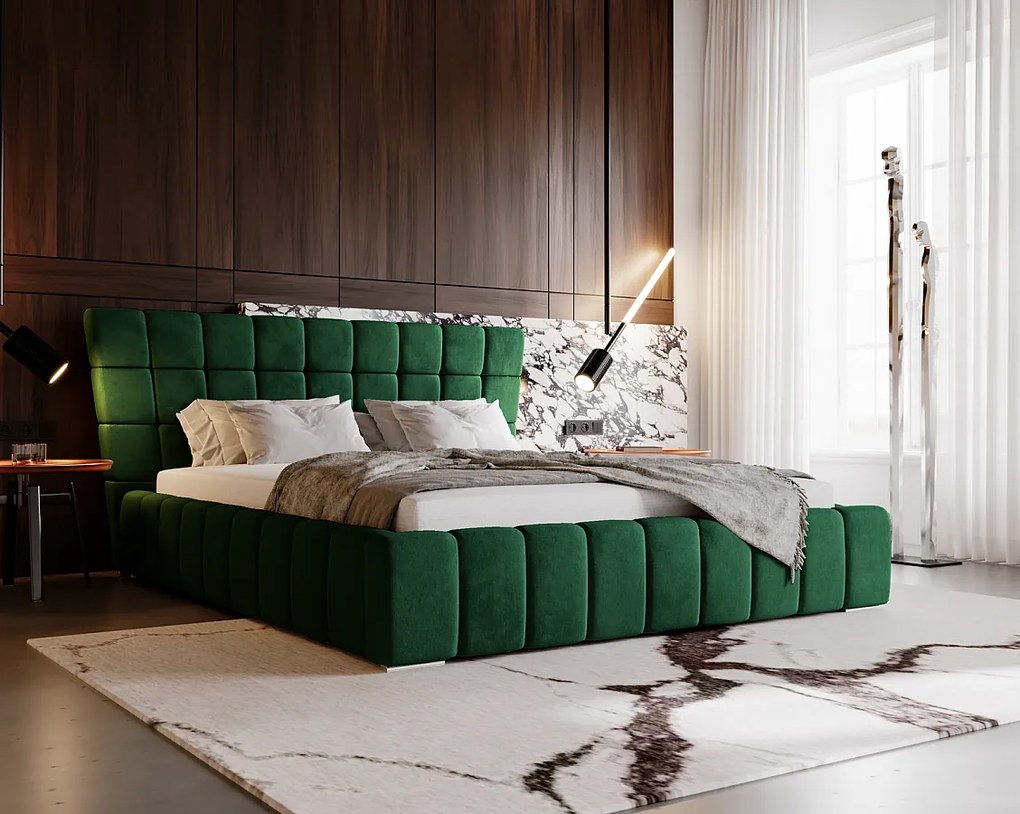 Emporius Deluxe łóżko tapicerowane 160x200 cm - łóżko przeszywane w nowoczesnym stylu - pojemnik i stelaż, tkanina aksamitna, zielony (Magic Velvet 2225)