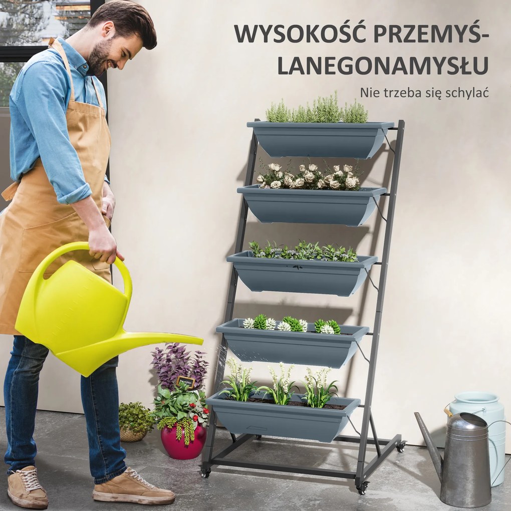 Outsunny Kwietnik na rośliny z donicami, składany, odporny na warunki atmosferyczne, 65 x 67 x 145 cm, Szary + Czarny