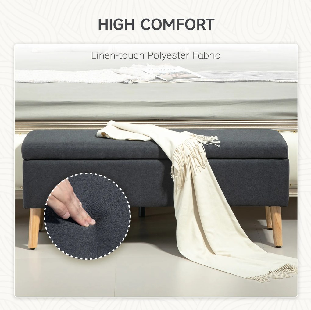 HOMCOM Ławka Tapicerowana z Schowkiem, Siedzisko Bankowe w Wyglądzie Lnu, Drewno Kauczukowe, 110 x 39 x 45 cm, Ciemnoszare