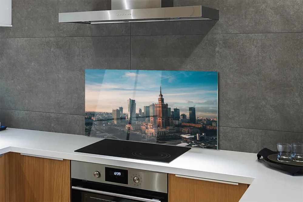 Panel szklany do Kuchni Wieżowce Warszawy o Wschodzie Słońca