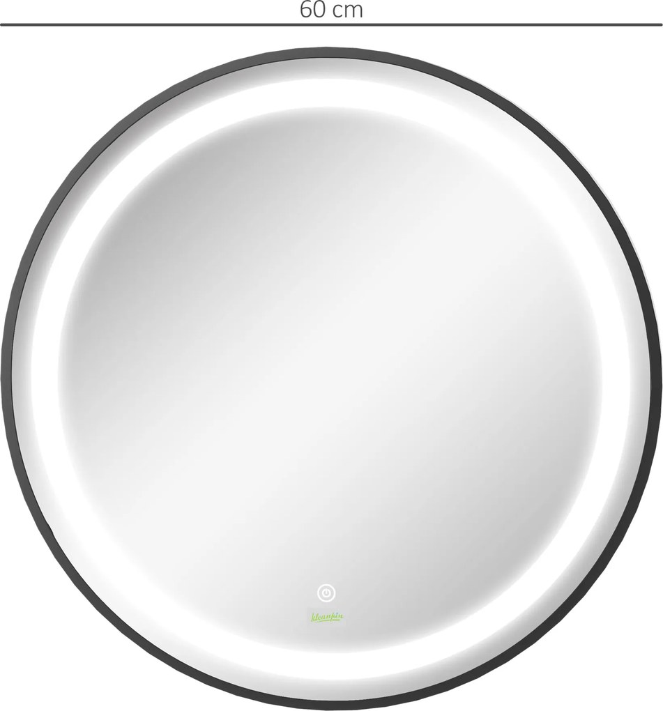 kleankin Lustro Łazienkowe z Oświetleniem LED, Regulowana Jasność, 3 Kolory Światła, Metalowa Rama, Ø60 cm, Czarne