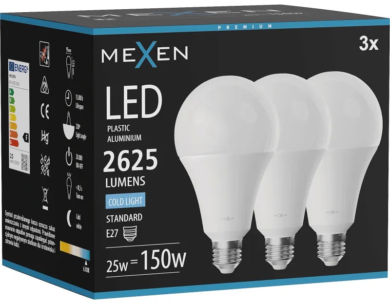 Mexen Nova 3x żarówka LED E27, A95, 25W, Zimna - 6500K, 2625 lm - L100-E27-2565-01x03