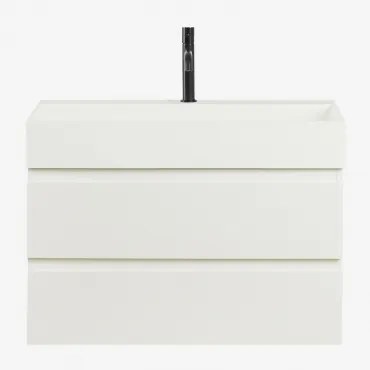 Zestaw Wiszących Mebli Łazienkowych Z Drewna I Forniru Jesionowego Zintegrowany Z Umywalką Ona Biała & Bezlusterkowiec - Sklum