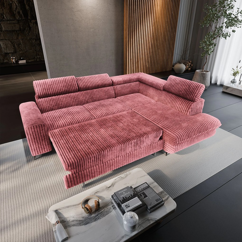 Masseno Narożnik VELISS z funkcją spania i pojemnikiem na pościel Rozkładana sofa do Salonu - Pudrowy róż, TILIA 62