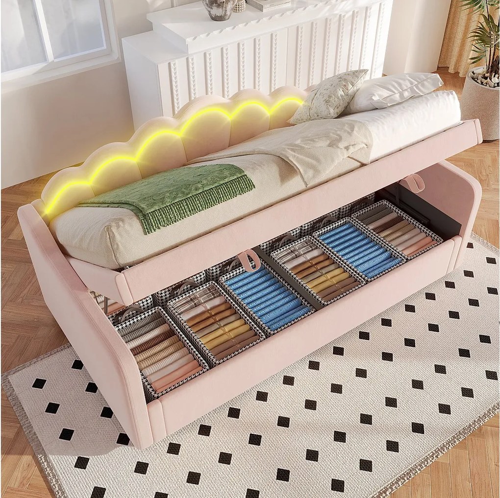 łóżko z pojemnikiem - 90 x 200 cm - sofa rozkładana z LED-ami - bez materaca - aksamit + MDF - różowy
