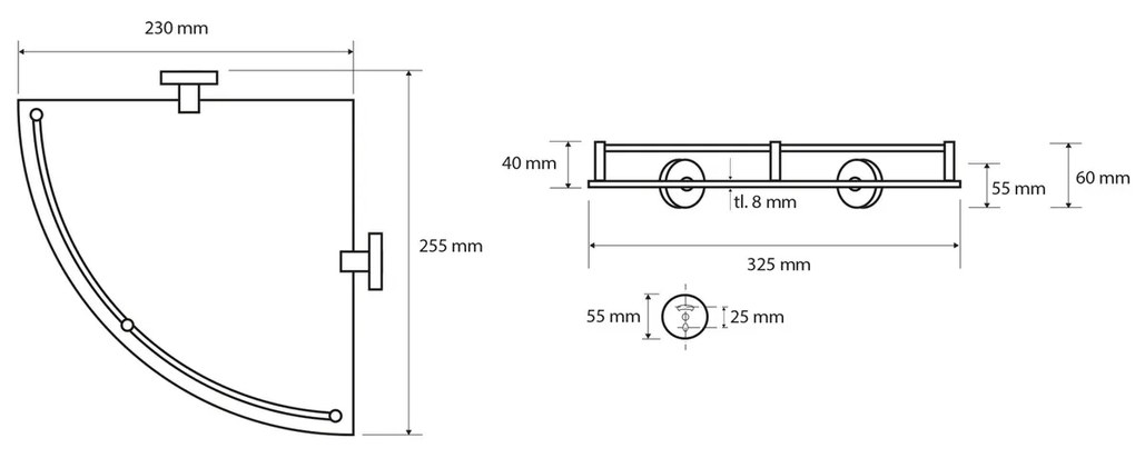 SAPHO XR605 X-Round E szklana półka narożna z poprzeczką 25 x 7 x 25 cm