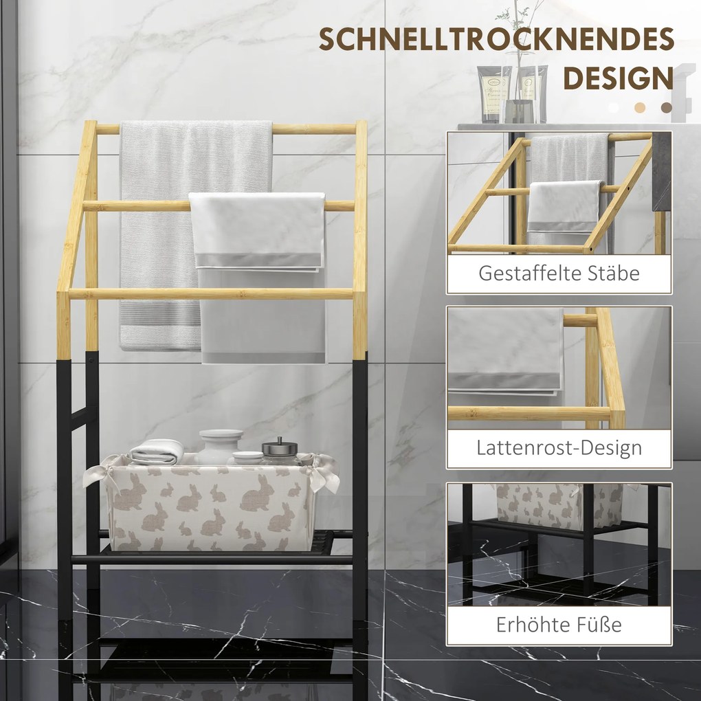 HOMCOM Uchwyt na Ręczniki, Wolnostojący, 3 Pręty, 51x31x85,5cm, Czarny/Drewno naturalne