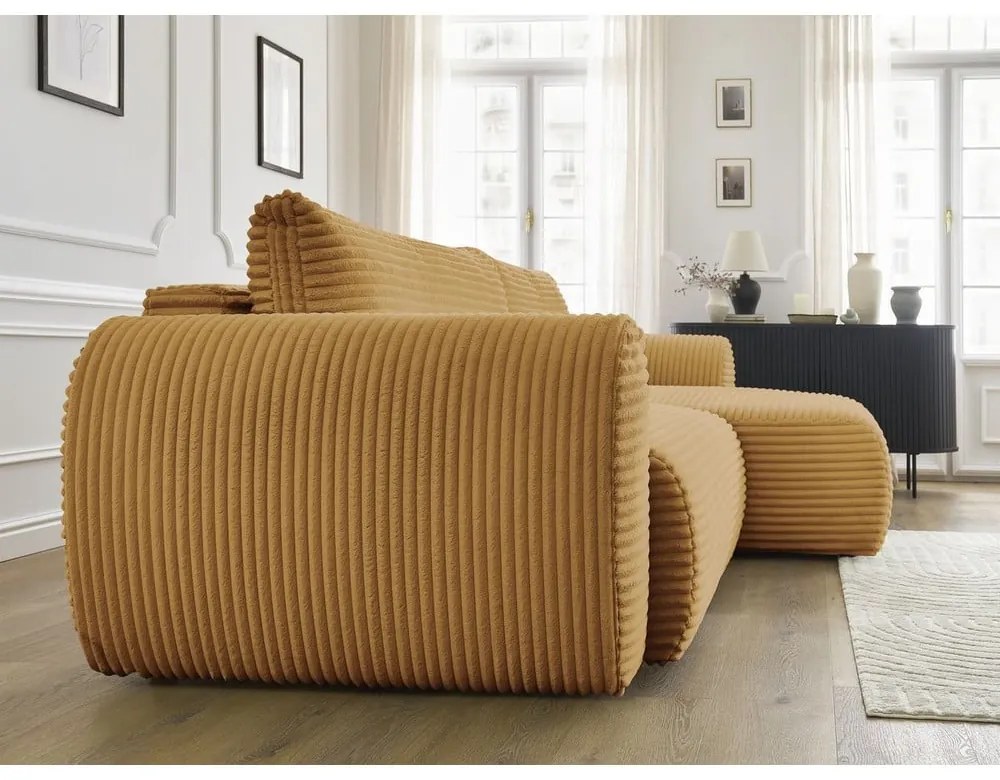 Musztardowy sztruksowy rozkładany narożnik (prawostronny) Lucien – Bobochic Paris
