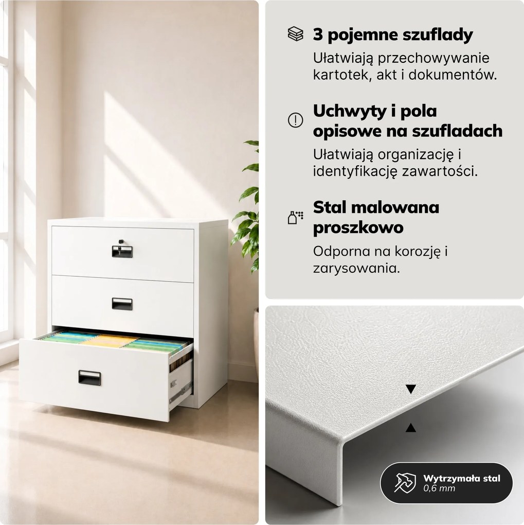 Szafa kartotekowa metalowa z 3 szufladami biała, 900x1020x600 mm: SARA XL V3