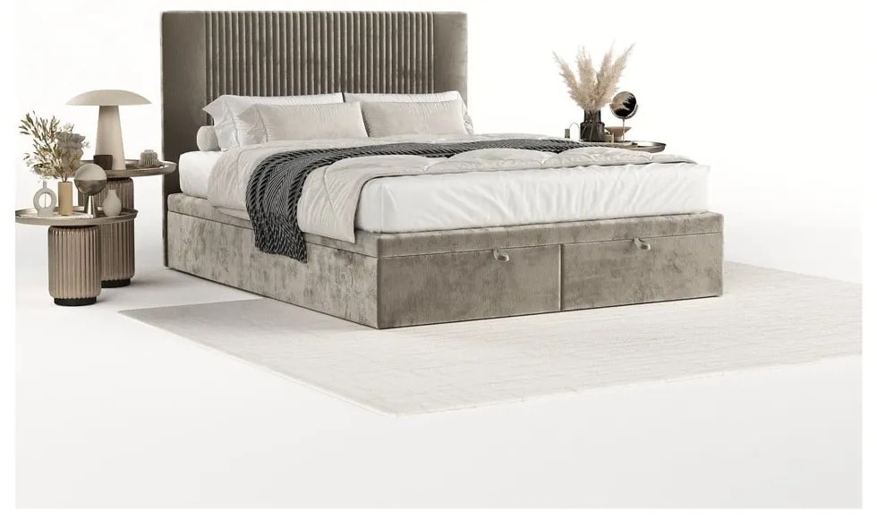 Beżowe tapicerowane łóżko dwuosobowe ze schowkiem 200x200 cm Mavel – Maison de Rêve