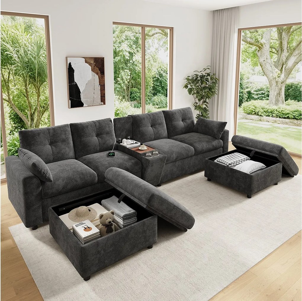 Narożnik z odwracalnym szezlongiem, schowkiem, portami USB i podłokietnikami z kieszeniami - Materiał - 230 x 160 x 85 cm - Szary