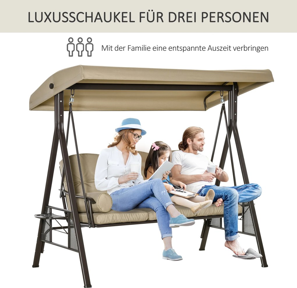 Outsunny huśtawka ogrodowa 3osobowa z daszkiem przeciwsłonecznym poduszka metal poliester khaki 116x206x183cm | Aosom PL