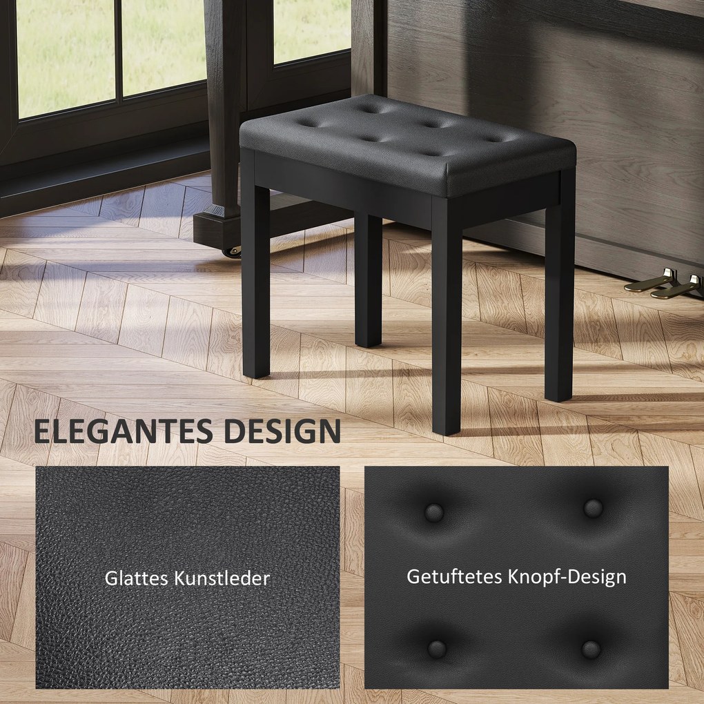 HOMCOM Ławka pianistyczna, obicie ze skóry ekologicznej, pikowane guziki, miejsce do przechowywania, nogi drewniane, Czarny