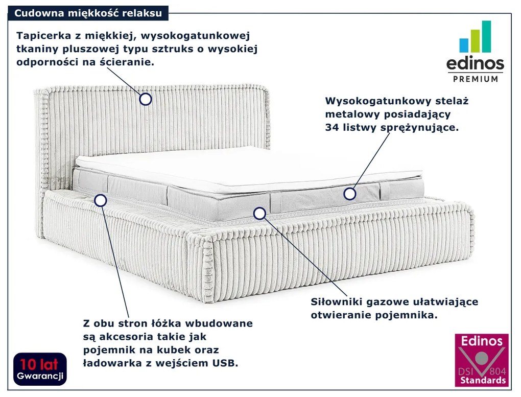 Jasnoszare sztruksowe łóżko z wejściem USB 5 rozmiarów E5-L96