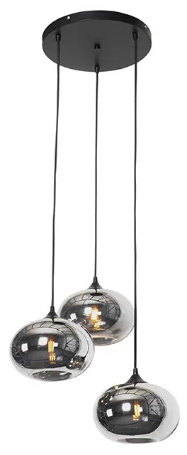 Lampa wisząca art deco czarna z przydymionym szkłem 3-światłowa okrągła - Busa ArtDeco Oswietlenie wewnetrzne